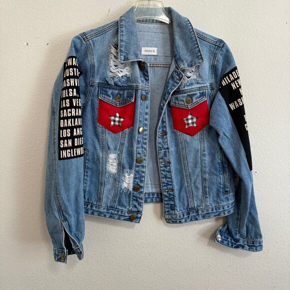 Upcycled Mono B Denim Trucker Jacket w/Guns & Roses Concert Graphic Tee Size L - Picture 2 of 11